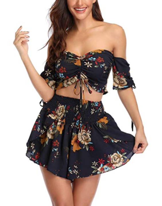 Conjunto Saia e Blusa Cropped Boho Floral Azul Marinho