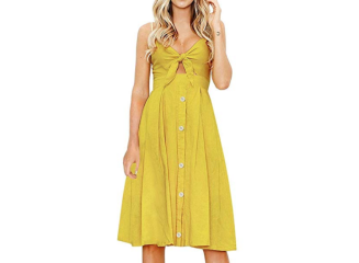 Vestido Midi com Botões e Decote Laço Amarelo