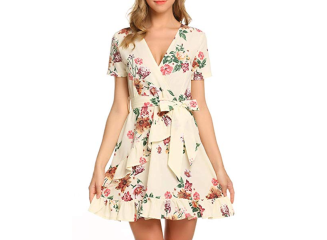 Vestido Curto Floral Transpassado Bege